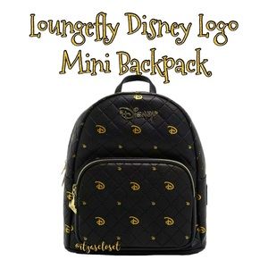 Loungefly Disney Logo Quilted Black with Gold “D” Mini Backpack NWT